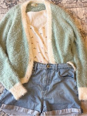 Mint Fuzzy Cropped Cardigan Soft Girl Cottagecore Cozy Sweater Cream Trim